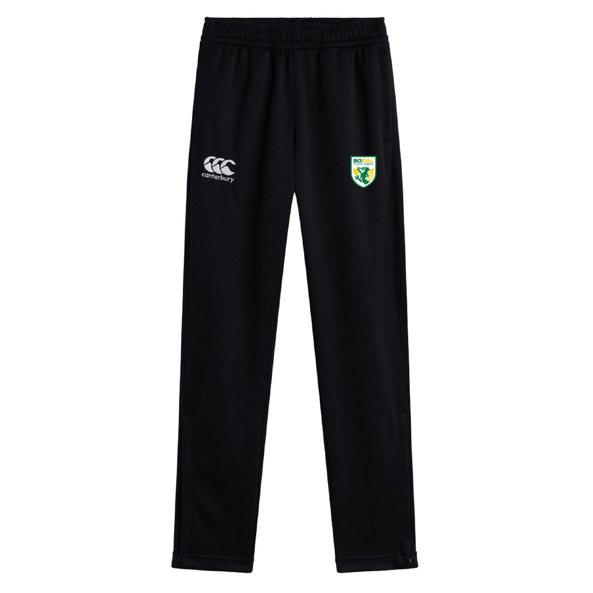 The SoCal Youth Referees Stretch Tapered Pant by EMB Canterbury features an elastic waistband, quick dry fabric, and Canterbury plus shield “ROCHDALE” logos—ideal athletic pants for young referees.