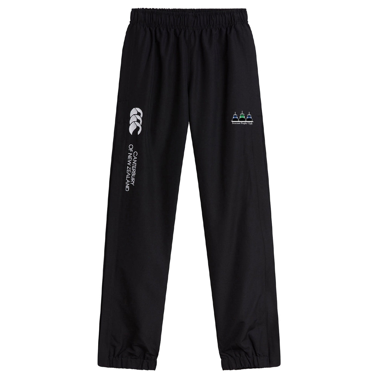 The Seacoast Rugby Club Cuffed Hem Stadium Pant by EMB Canterbury features a black athletic look with an elastic waistband, cuffed hem, and white embroidered Seacoast Rugby logo on the upper left leg.