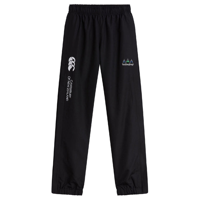The Seacoast Rugby Club Cuffed Hem Stadium Pant by EMB Canterbury features a black athletic look with an elastic waistband, cuffed hem, and white embroidered Seacoast Rugby logo on the upper left leg.