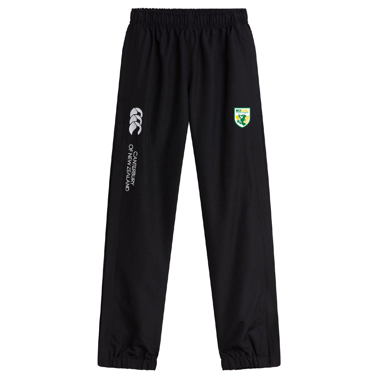 The EMB Canterbury SoCal Youth Rugby Cuffed Hem Stadium Pant features an elastic waistband, cuffed hem, and embroidered logos on both thighs for style and comfort.