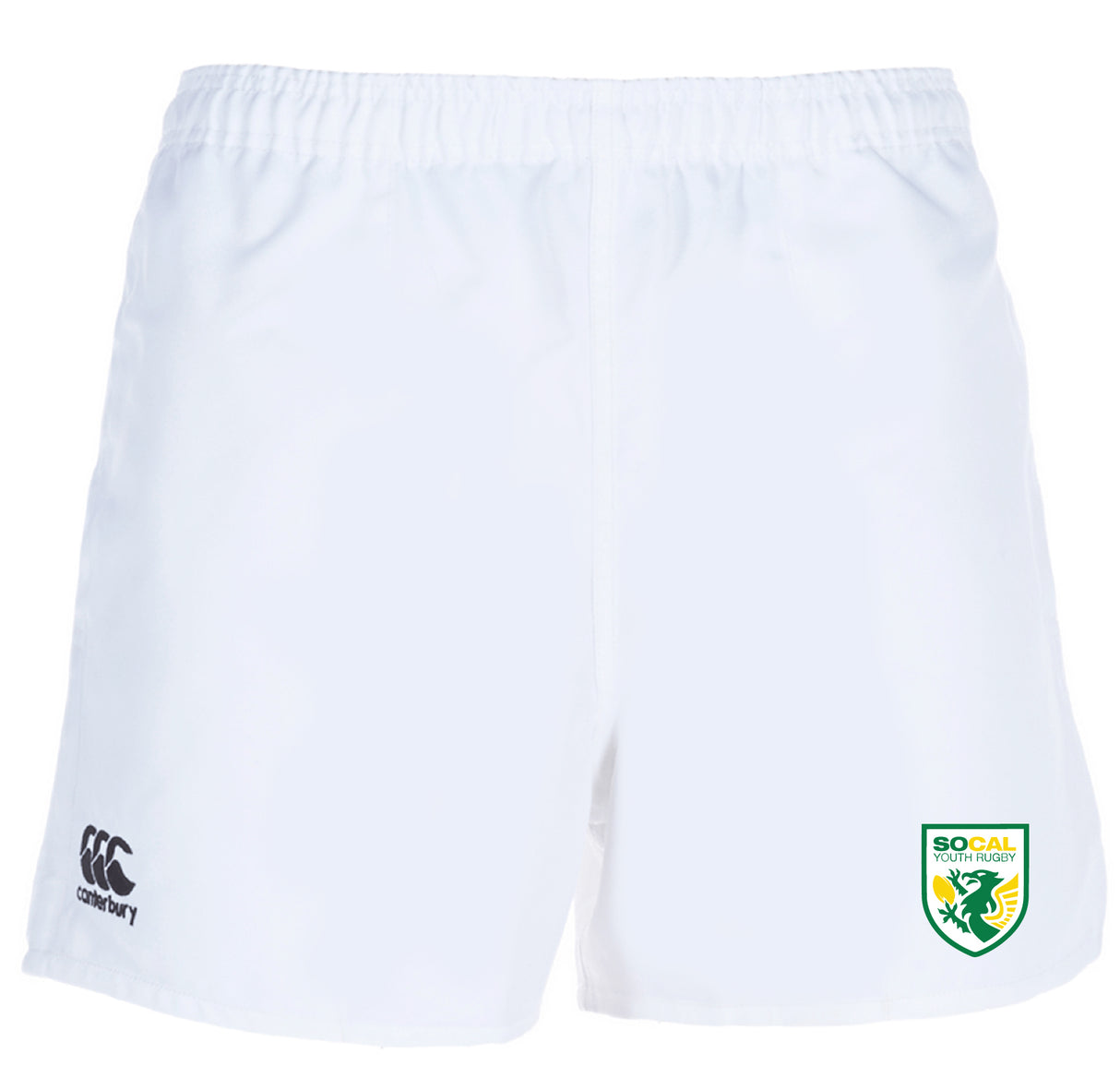 The SoCal Youth Rugby Advantage Rugby Shorts by EMB Canterbury feature an elastic waistband, Canterbury logo on the left leg, SoCal Youth Rugby logo on the right, and are designed for comfort and performance on the field.