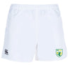 The SoCal Youth Rugby Advantage Rugby Shorts by EMB Canterbury feature an elastic waistband, Canterbury logo on the left leg, SoCal Youth Rugby logo on the right, and are designed for comfort and performance on the field.