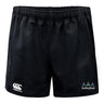 The Seacoast Rugby Club Professional Polyester Rugby Short by EMB Canterbury features an elastic waistband, durable polyester fabric, the Canterbury logo on the left leg, and the Seacoast Rugby Club logo on the right leg.