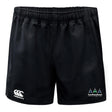 The Seacoast Rugby Club Advantage Rugby Shorts by EMB Canterbury feature black, moisture-wicking fabric, an elastic waistband, the Canterbury logo on the left leg, and the Seacoast Rugby Club logo on the right—ideal for comfort on and off the field.