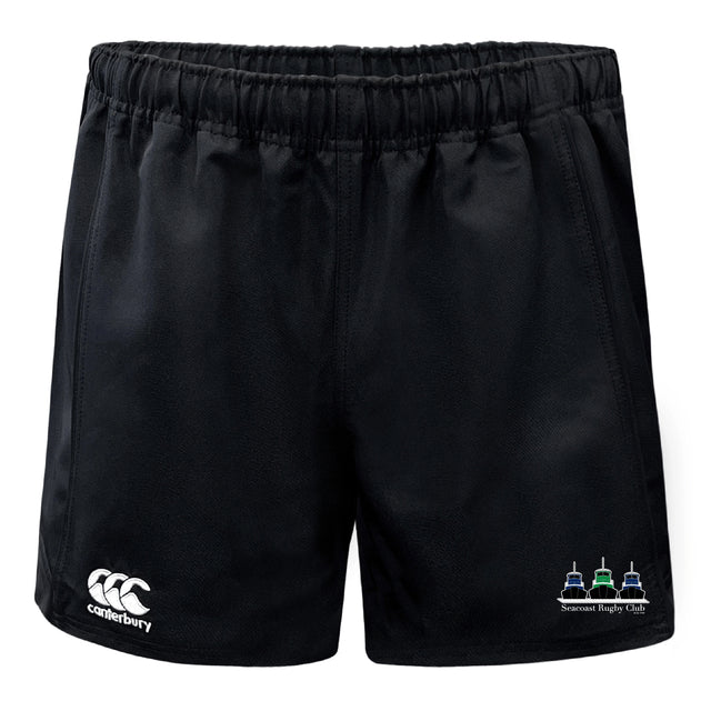 The Seacoast Rugby Club Advantage Rugby Shorts by EMB Canterbury feature black, moisture-wicking fabric, an elastic waistband, the Canterbury logo on the left leg, and the Seacoast Rugby Club logo on the right—ideal for comfort on and off the field.