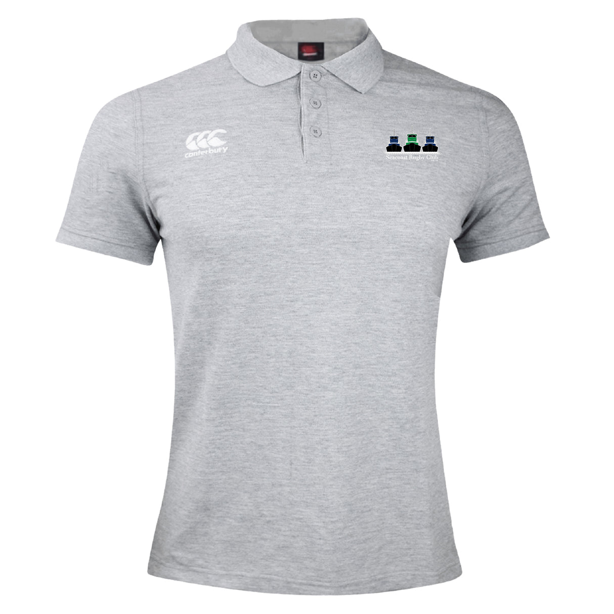 The Seacoast Rugby Club Waimak Polo by EMB Canterbury features light grey fabric, a white "Canterbury" logo on the right chest, and three colored bottles on the left—perfect for classic rugby polo fans.