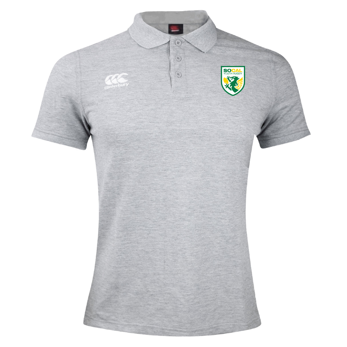The SoCal Youth Referees Waimak Polo by EMB Canterbury is a light grey men's rugby polo with short sleeves, a button collar, white Canterbury logo, and green/yellow chest badge—perfect for fans of the classic Canterbury rugby style.