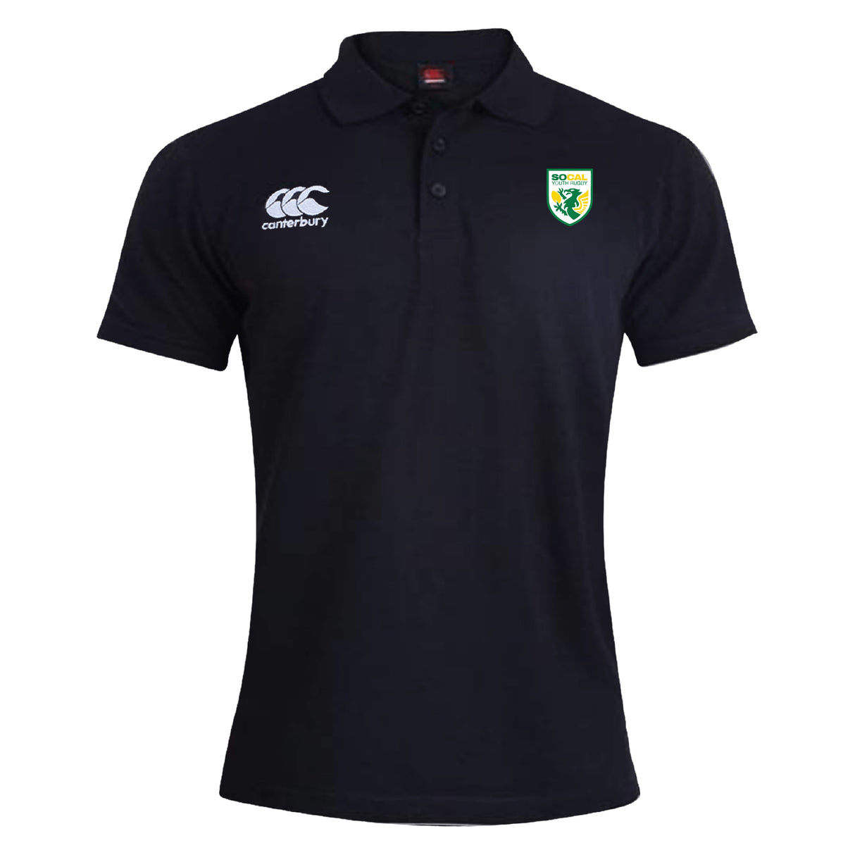 The SoCal Youth Referees Waimak Polo by EMB Canterbury is a black short-sleeve rugby polo with a classic collar, featuring the Canterbury logo on the right chest and a SO-CAL crest on the left for sporty style and comfort.