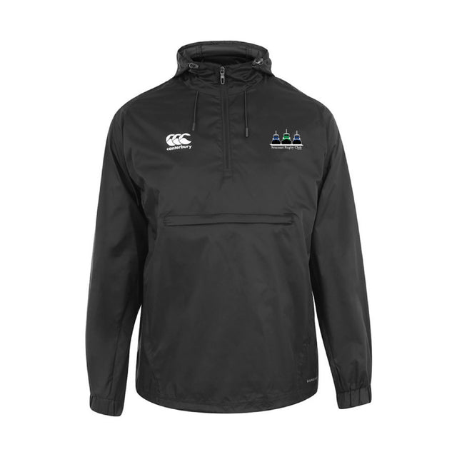 The Seacoast Rugby Club Packaway Jacket by EMB Canterbury is a black, water-resistant men's pullover with a hood, front pocket, white Canterbury logo on the right chest, and an embroidered Seacoast emblem on the left chest.