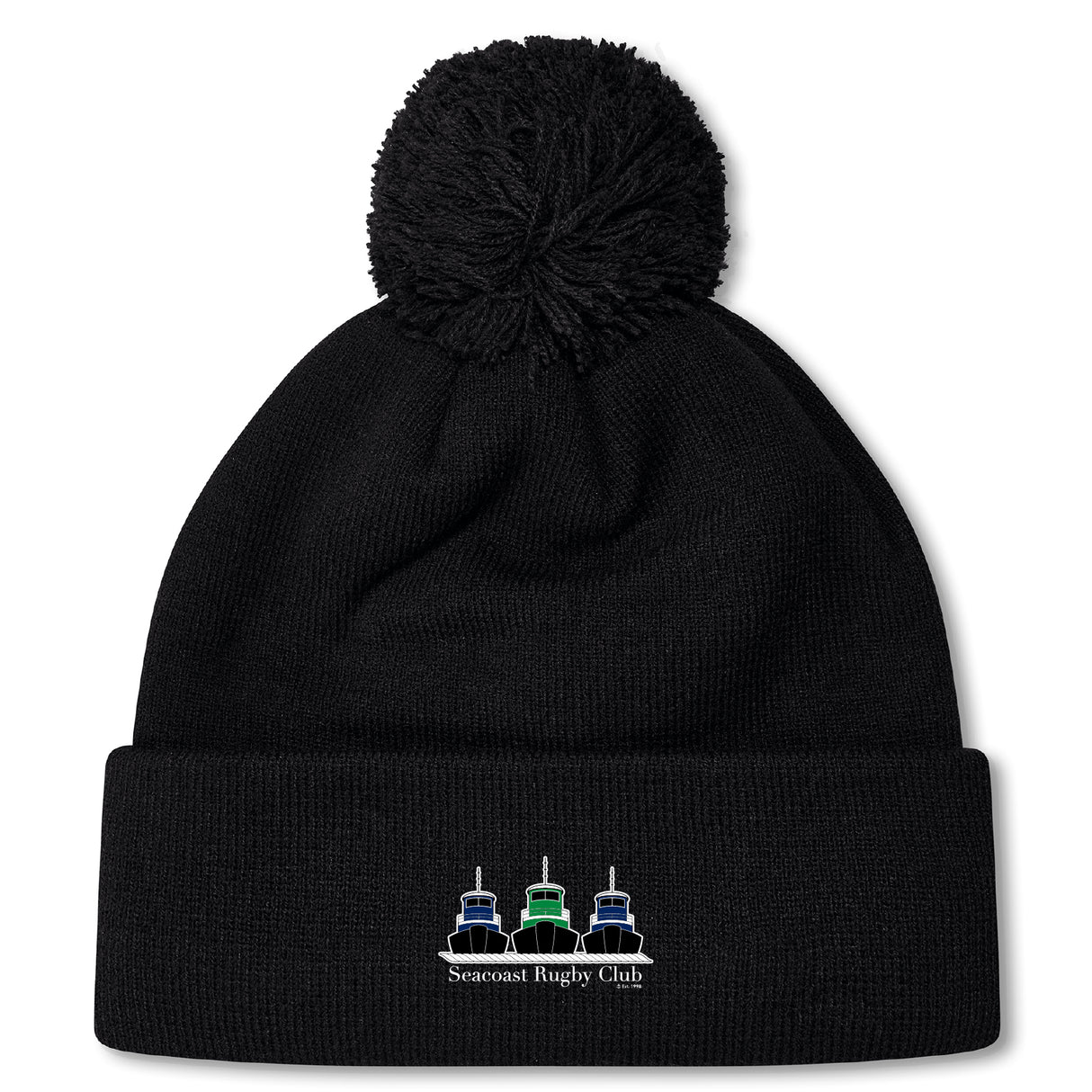 Stay warm on chilly match days with the Seacoast Rugby Club Pom Pom Beanie by EMB Canterbury—featuring a fleece lining, pom-pom, and an embroidered three ships logo with "Seacoast Rugby Club" on the front cuff.