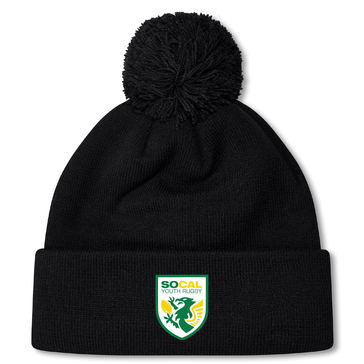 Stay warm in the EMB Canterbury SoCal Youth Rugby Pom Pom Beanie by Canterbury, a black fleece-lined knit hat with a pom-pom and SoCal Youth Rugby logo patch—perfect for rugby fans.