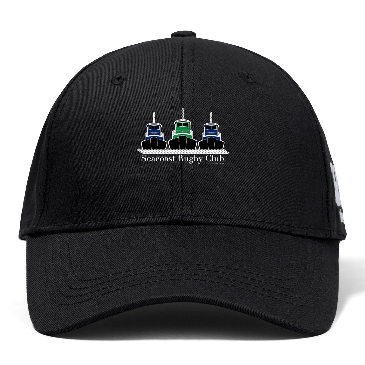 The Seacoast Rugby Club Flexfit Drill Cap by EMB Canterbury features a flex fit design and an embroidered three-tugboat logo with "Seacoast Rugby Club" on the front.