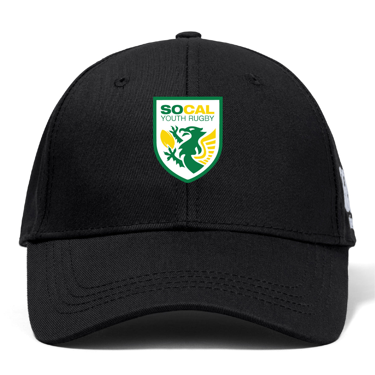 The SoCal Youth Rugby Flexfit Drill Cap by Canterbury from EMB Canterbury is a black cap featuring green and yellow text with a stylized griffin on the front.