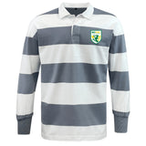 The EMB Mudoo SoCal Youth Referees Classic Long Sleeve Hooped Rugby Jersey sports wide grey and white stripes, a white collar, and a "SoCal" crest logo on the left chest.