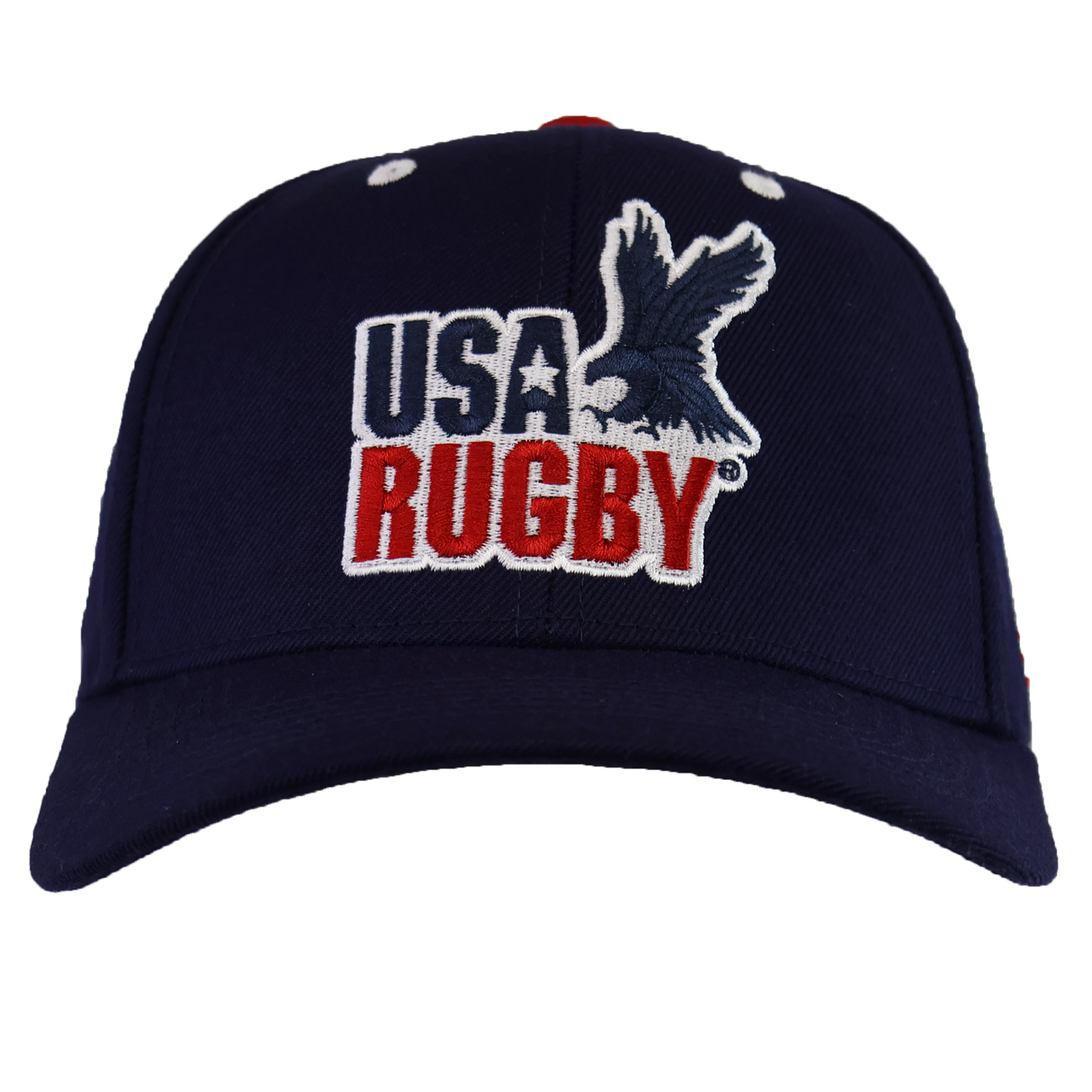 The SDS USA Rugby Throwback Baseball Cap is a navy blue hat with an embroidered eagle above bold white and red "USA Rugby" text.