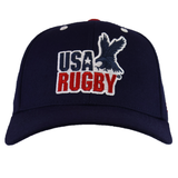 The SDS USA Rugby Throwback Baseball Cap is a navy blue hat with an embroidered eagle above bold white and red "USA Rugby" text.