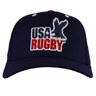 The SDS USA Rugby Throwback Baseball Cap is a navy blue hat with an embroidered eagle above bold white and red "USA Rugby" text.