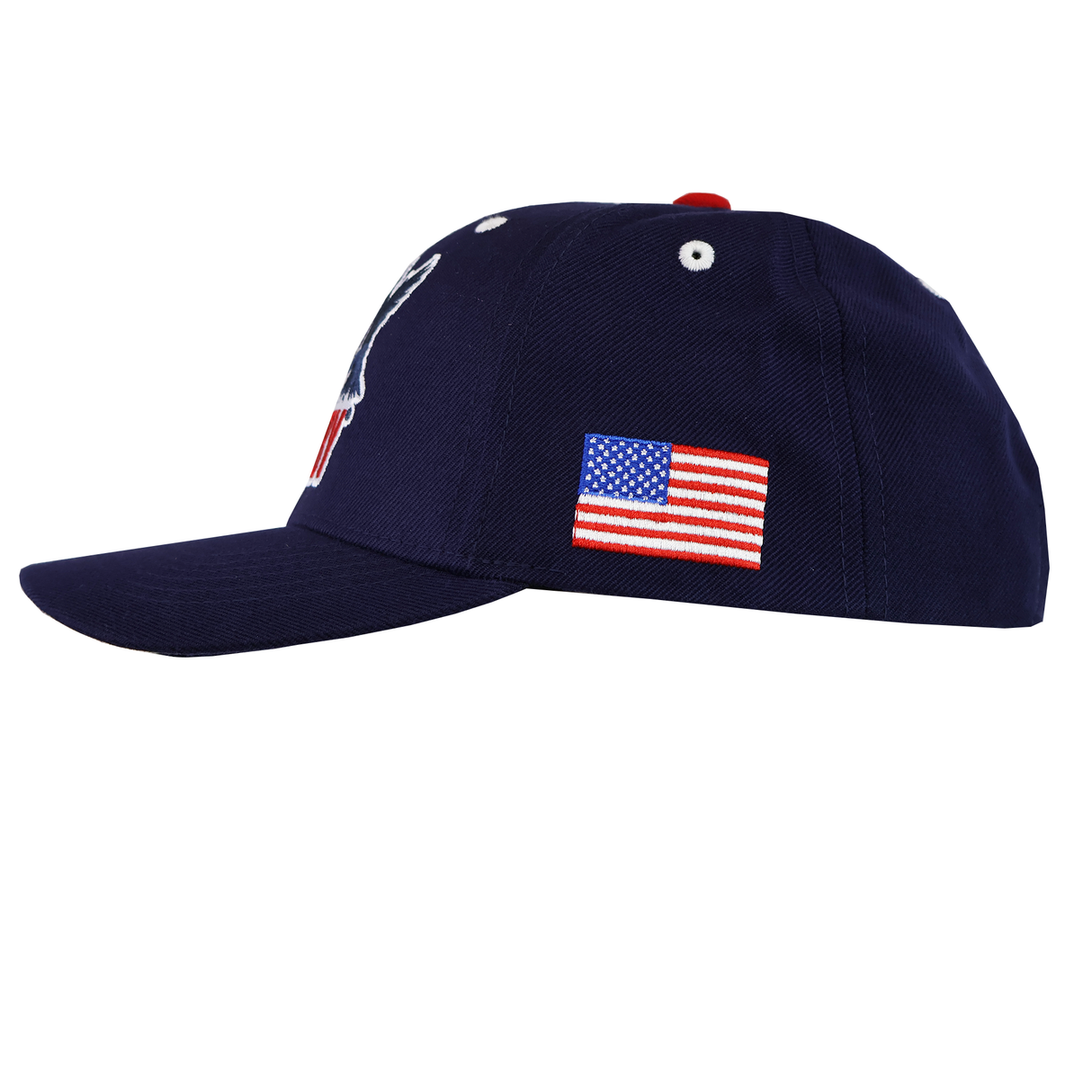 The SDS USA Rugby Throwback Baseball Cap in navy features an embroidered American flag patch on the left side and a red top button, shown from the left view.