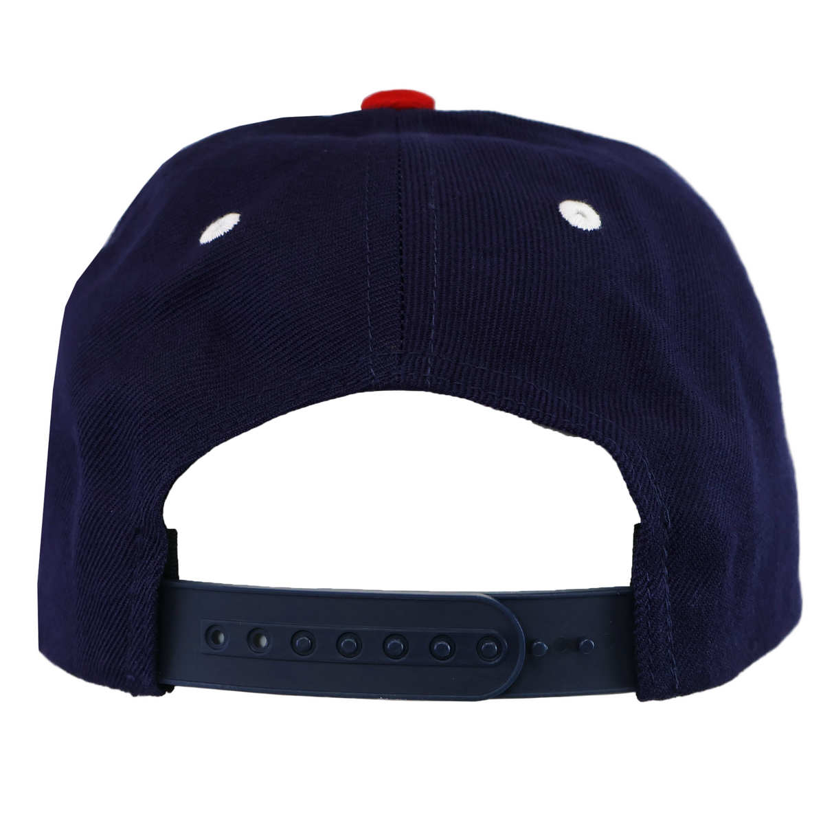 The SDS USA Rugby Throwback Baseball Cap in navy features a black adjustable snapback, two white eyelets, and classic USA Rugby style, shown here from the back.