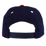 The SDS USA Rugby Throwback Baseball Cap in navy features a black adjustable snapback, two white eyelets, and classic USA Rugby style, shown here from the back.