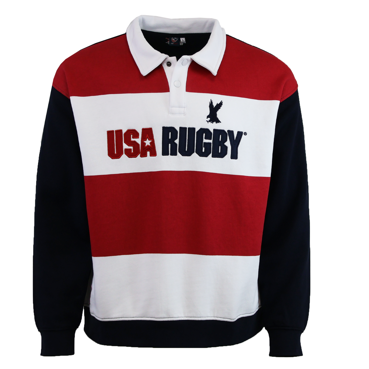 The SDS USA Rugby Rugger Sweater is a long-sleeve pullover with red, white, and navy stripes, plus "USA Rugby" and an eagle logo on the chest—ideal American rugby fan apparel.