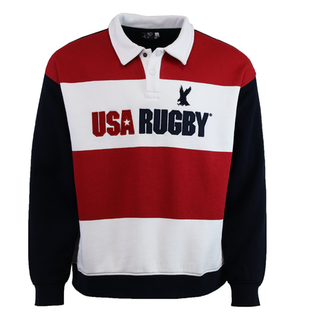 The SDS USA Rugby Rugger Sweater is a long-sleeve pullover with red, white, and navy stripes, plus "USA Rugby" and an eagle logo on the chest—ideal American rugby fan apparel.