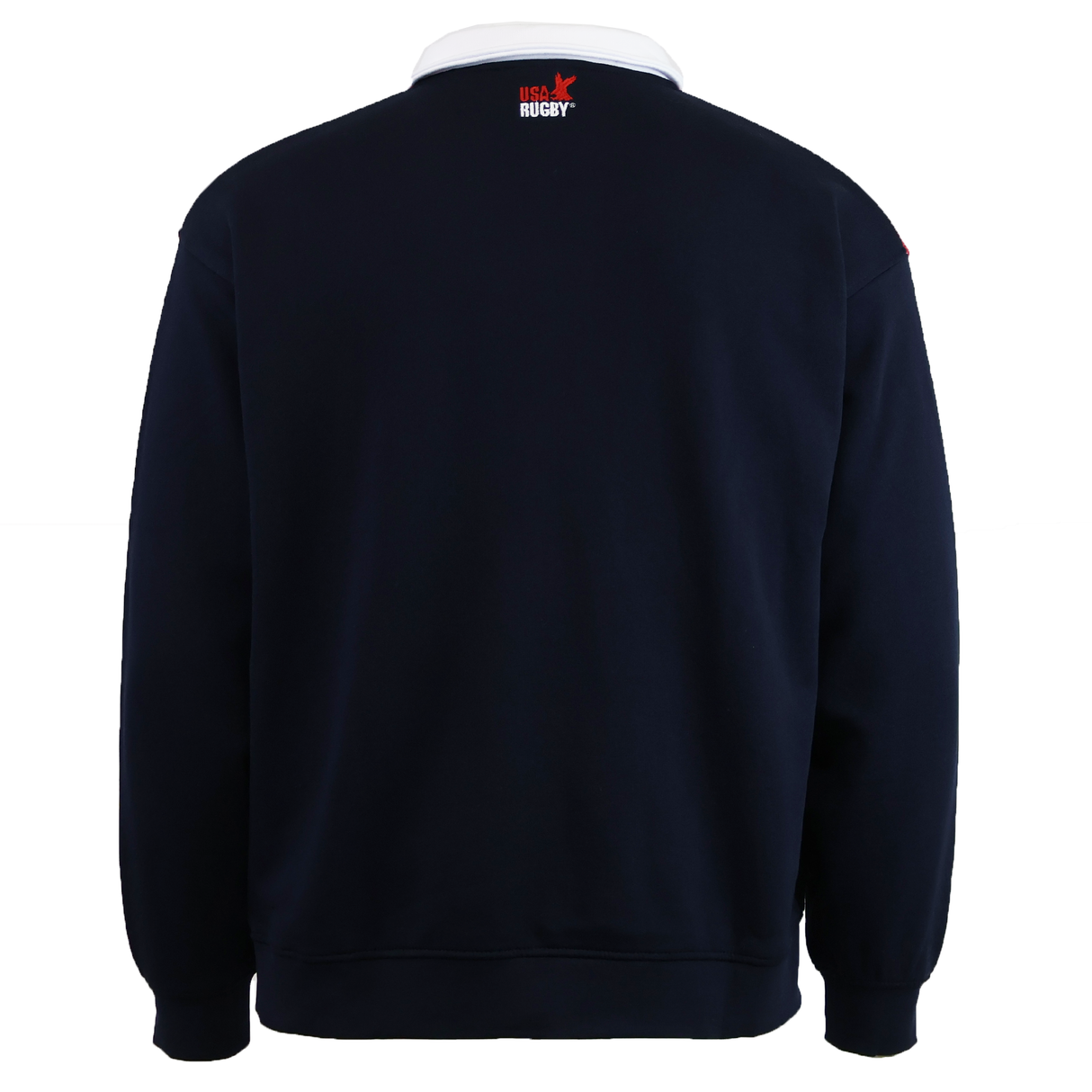 A navy blue SDS USA Rugby Rugger Sweater with long sleeves and a white collar, shown from the back. "Ireland Rugby" and a red shamrock are printed near the neck—ideal for fans of classic American rugby style.