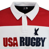 A close-up of the SDS USA Rugby Rugger Sweater—a rugby pullover with a white collar, red and white stripes, plus "USA RUGBY" text and an eagle logo embroidered on the front.