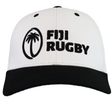 The SDS Fiji Cotton Baseball Cap features "Fiji Rugby" and a palm tree logo embroidered on the front, blending Fijian heritage with sporty style in classic white and black cotton.