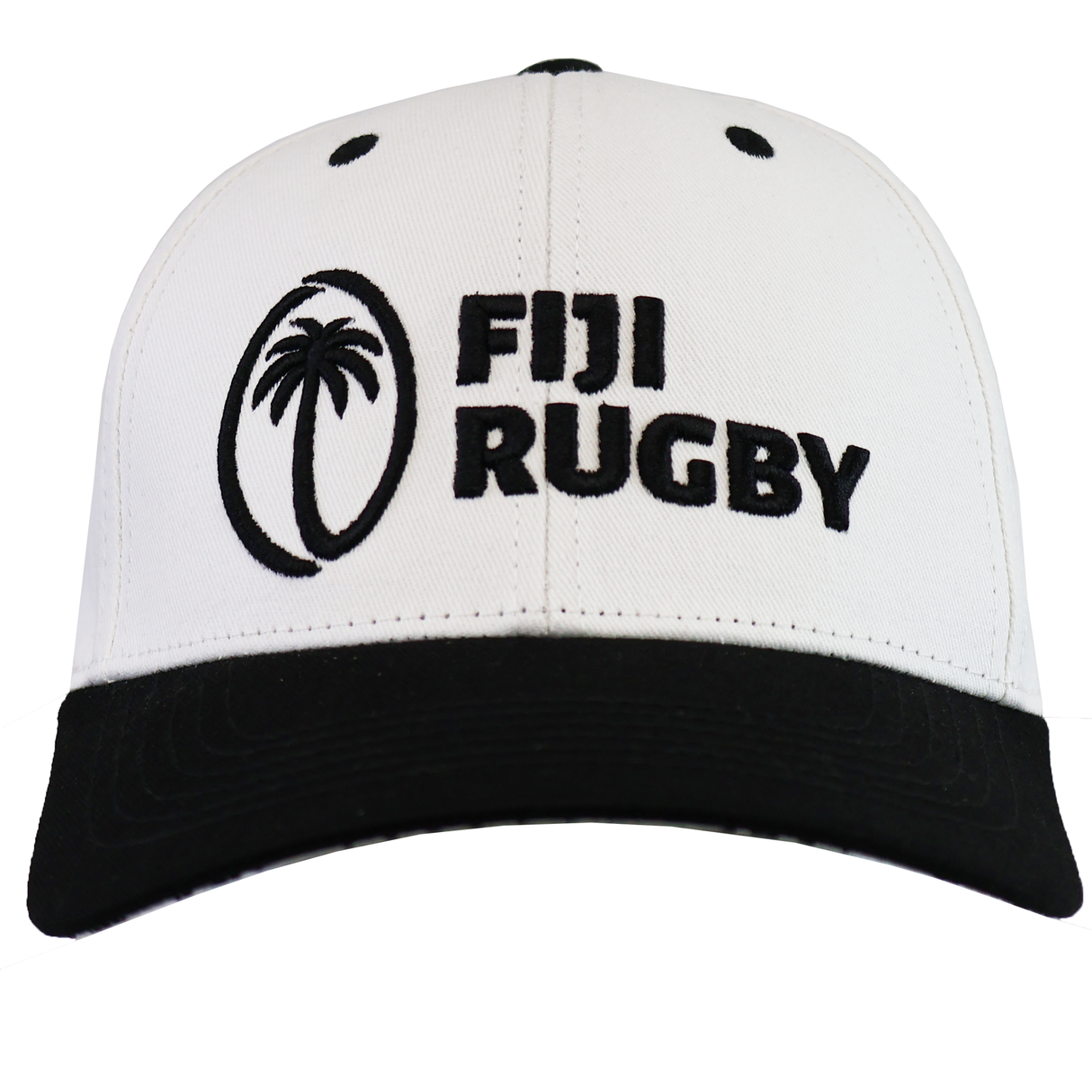 The SDS Fiji Cotton Baseball Cap features "Fiji Rugby" and a palm tree logo embroidered on the front, blending Fijian heritage with sporty style in classic white and black cotton.