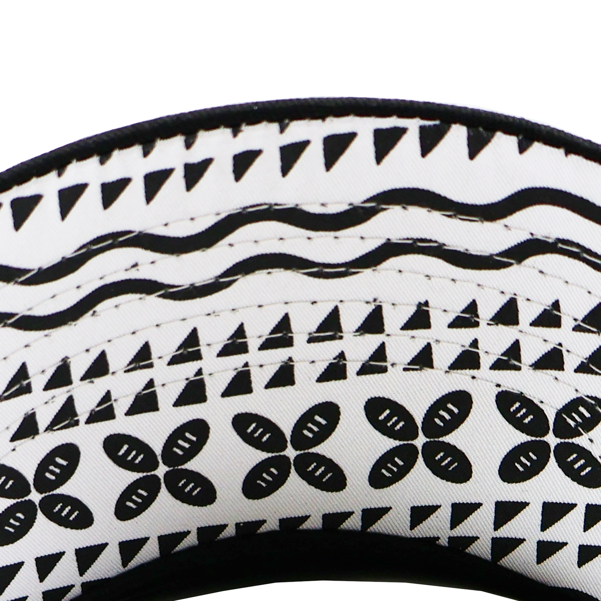 Close-up of black and white patterned fabric with triangles, wavy lines, and floral motifs inspired by Fijian heritage—ideal for the SDS Fiji Cotton Baseball Cap.