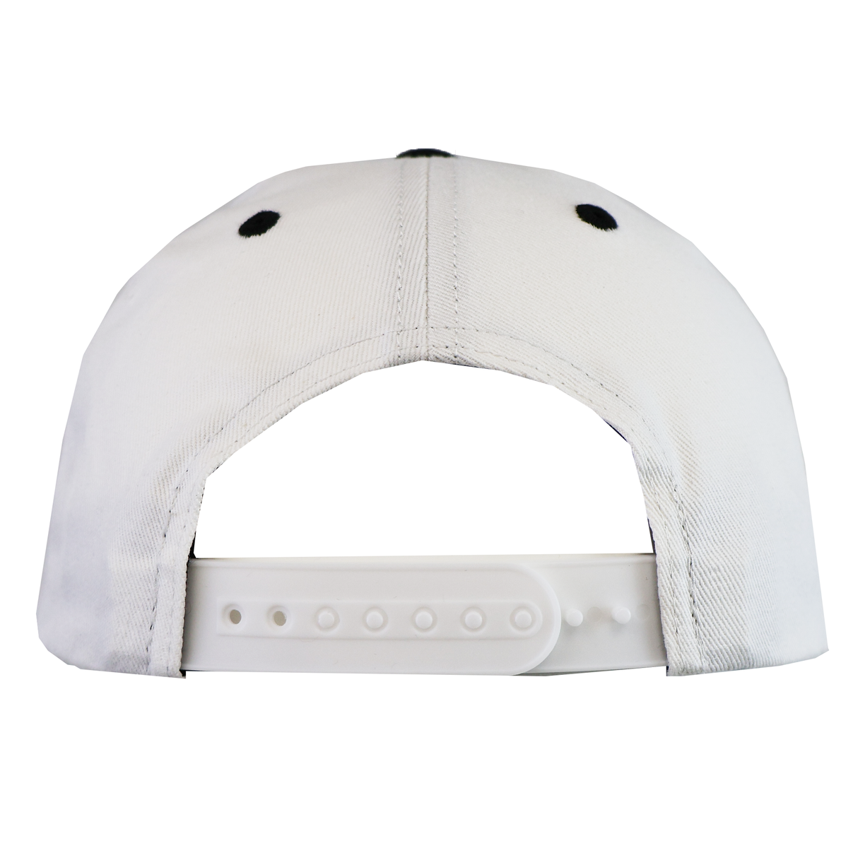 The Fiji Cotton Baseball Cap by SDS showcases black eyelets, a plastic adjustable strap, and a white cotton build—celebrating Fijian heritage with style and comfort from the back view.