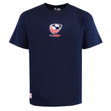 The SDS USA Rugby Relaxed Player Poster T-shirt in navy features the official logo on the chest and a small emblem tag near the hem—ideal for American rugby fans who value quality apparel.