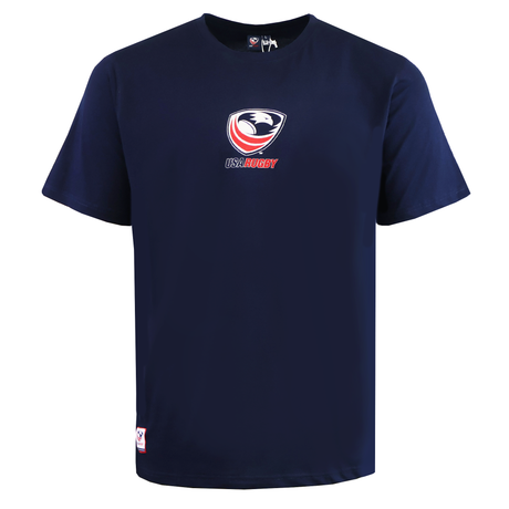 The SDS USA Rugby Relaxed Player Poster T-shirt in navy features the official logo on the chest and a small emblem tag near the hem—ideal for American rugby fans who value quality apparel.