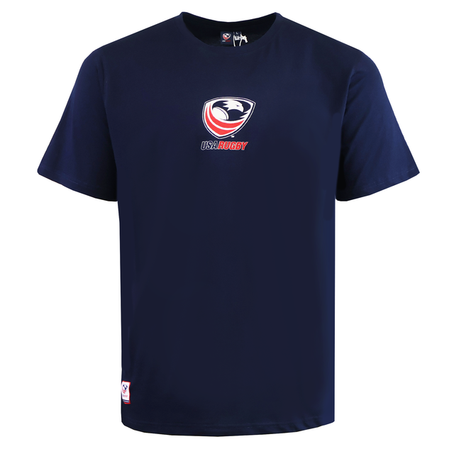 The SDS USA Rugby Relaxed Player Poster T-shirt in navy features the official logo on the chest and a small emblem tag near the hem—ideal for American rugby fans who value quality apparel.