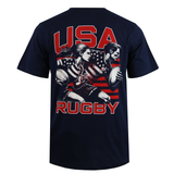 The SDS USA Rugby Relaxed Player Poster T-shirt in navy features "USA Rugby" text and two rugby players with an American flag backdrop—ideal apparel for passionate rugby fans.