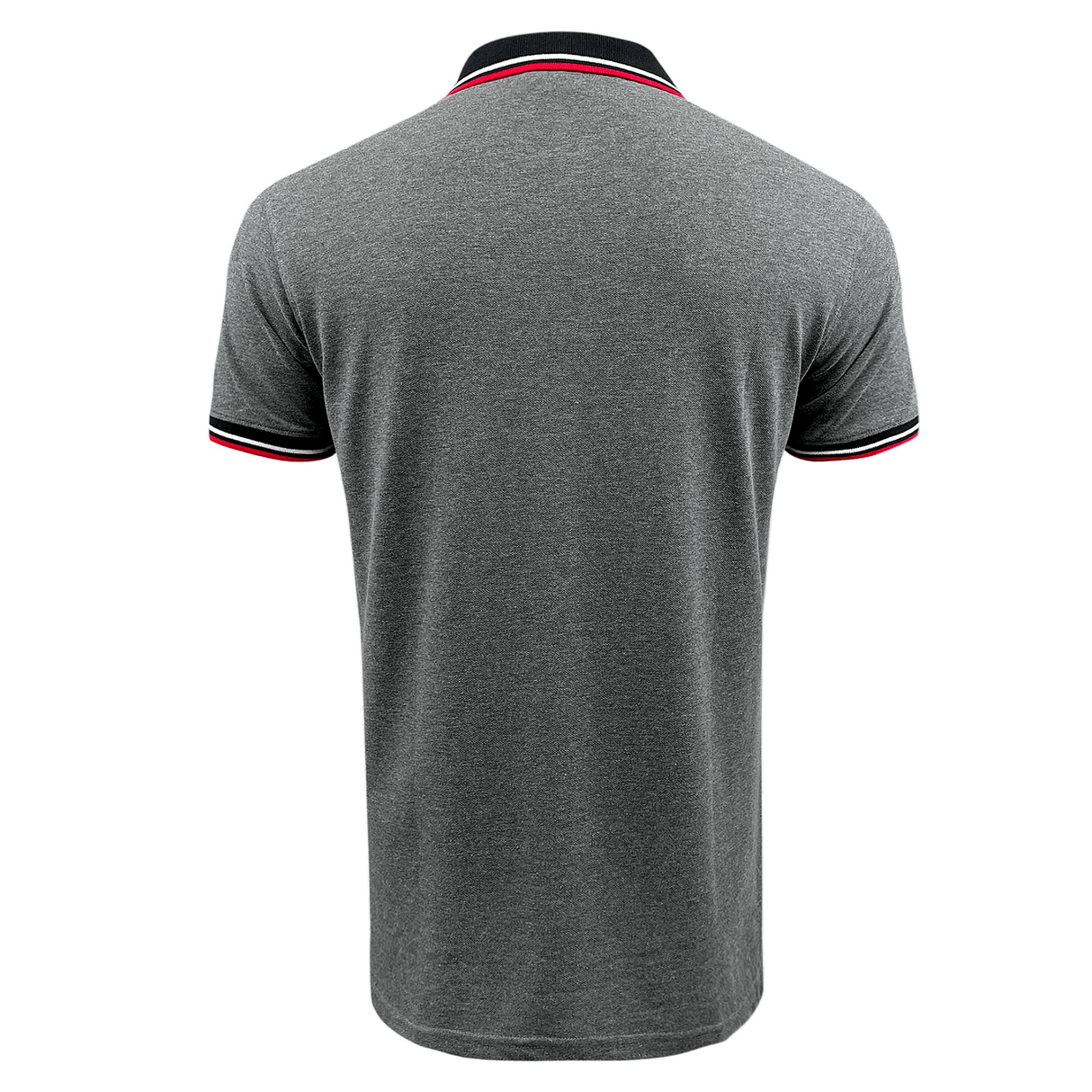 The SDS USA Rugby Pique Cotton Polo features a grey design with a black collar and red-striped trim, crafted for rugby enthusiasts. Made from 100% cotton, it is shown from the back.