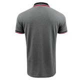The SDS USA Rugby Pique Cotton Polo features a grey design with a black collar and red-striped trim, crafted for rugby enthusiasts. Made from 100% cotton, it is shown from the back.