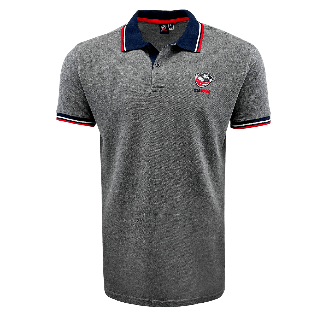 The USA Rugby Pique Cotton Polo by SDS is a gray short-sleeve shirt featuring a navy collar and red and white trim. Perfect for rugby fans, it features a small embroidered logo on the left chest and is made from 100% cotton for maximum comfort and style.