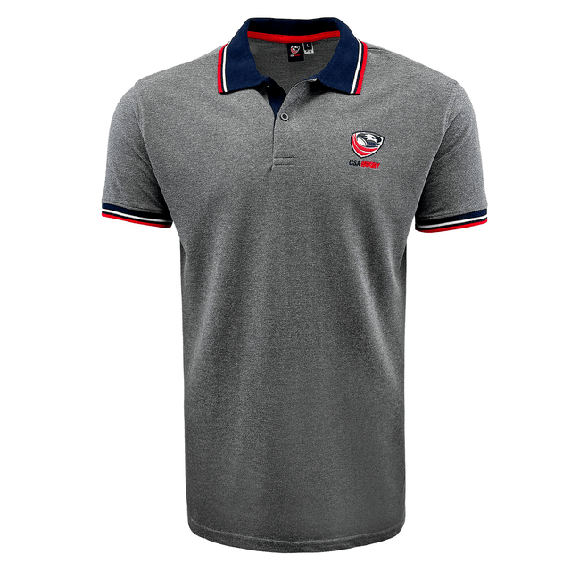 The USA Rugby Pique Cotton Polo by SDS is a gray short-sleeve shirt featuring a navy collar and red and white trim. Perfect for rugby fans, it features a small embroidered logo on the left chest and is made from 100% cotton for maximum comfort and style.