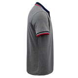 The Side view of the SDS USA Rugby Pique Cotton Polo showcases its 100% cotton gray fabric, ideal for rugby fans, with bold red, white, and blue accents on the collar and sleeve edges.