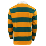 The back of a SDS Wallabies Hooped Classic Rugby Jersey 23/24 with green and gold stripes.