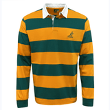 An SDS Wallabies Hooped Classic Rugby Jersey 23/24 with a green and yellow stripe, representing the Wallabies.