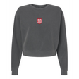 The EMB S&S Activewear Women's San Diego Legion Rugby Mid-Length Crewneck Sweatshirt is a dark gray top with a small red and white "SD" shield logo on the chest—ideal for rugby fans seeking stylish, comfortable apparel.