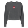 The EMB S&S Activewear Women's San Diego Legion Rugby Mid-Length Crewneck Sweatshirt is a dark gray top with a small red and white "SD" shield logo on the chest—ideal for rugby fans seeking stylish, comfortable apparel.