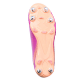 Bottom view of the IDA Sports IDA Helia Club SG - Dark Pink women's soft ground soccer cleat, featuring six metal studs and textured grip for traction on wet, muddy fields—ideal for beginner to intermediate players.