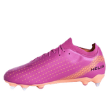 The IDA Sports IDA Helia Club SG - Dark Pink is a women's soft ground soccer cleat in pink and orange with small yellow accents, "HELIA" branding on the heel, and metal studs for traction.