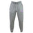The Sunday Morning RFC Leisure Sweatpant by EMB Canterbury is gray, made from organic cotton, and features a drawstring waistband and ankle cuffs. A purple text logo and small white emblem on the left thigh add style to sustainable comfort.