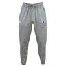 The Sunday Morning RFC Leisure Sweatpant by EMB Canterbury is gray, made from organic cotton, and features a drawstring waistband and ankle cuffs. A purple text logo and small white emblem on the left thigh add style to sustainable comfort.