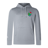 The EMB Canterbury South Africa Shield Club Lightweight Hoodie is gray, with a South African flag patch on the chest. It's perfect for rugby enthusiasts, featuring drawstrings, a kangaroo pocket, and long sleeves.